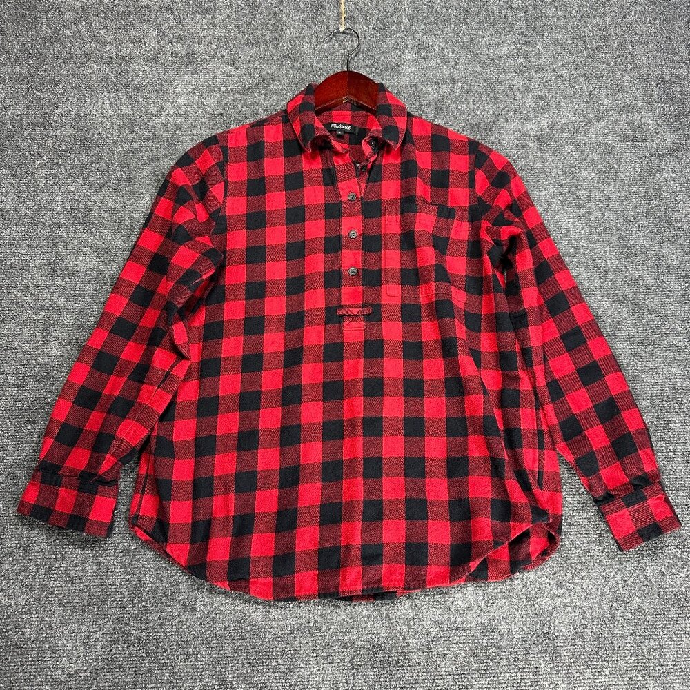 Madewell Top Womens Small Flannel Popover in Buffalo Check Red Black Pocket